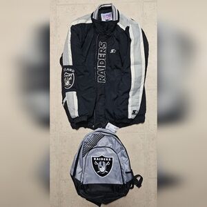 Vintage 1990's (L) Oakland Raiders Pro Line Starter Zip-Up Jacket & Backpack